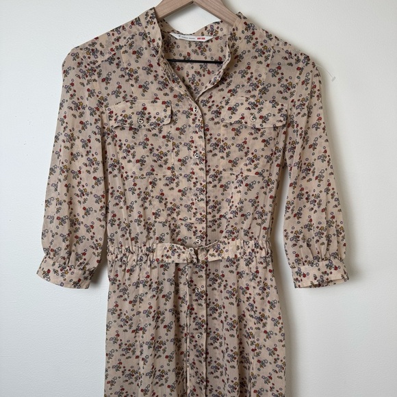 Tomas Maier Chiffon Midi Dress | Printed | Button Front | Tan | Small - Picture 5 of 10